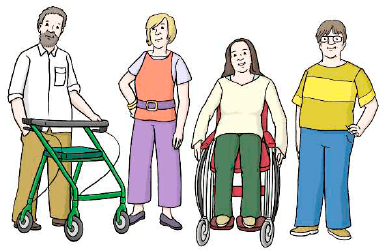 Eine Gruppe von Menschen mit unterschiedlichen Behinderungen.